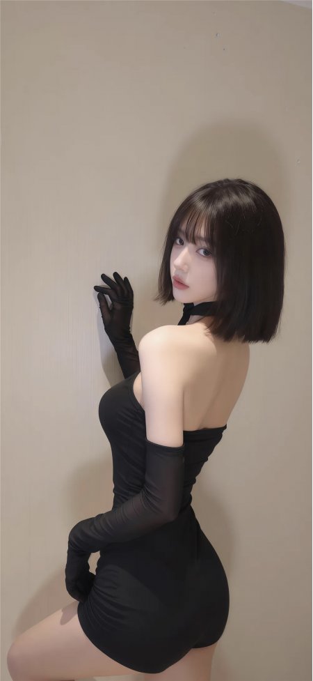 黑色无肩带短裙长手套回眸冷艳美女人物手机壁纸