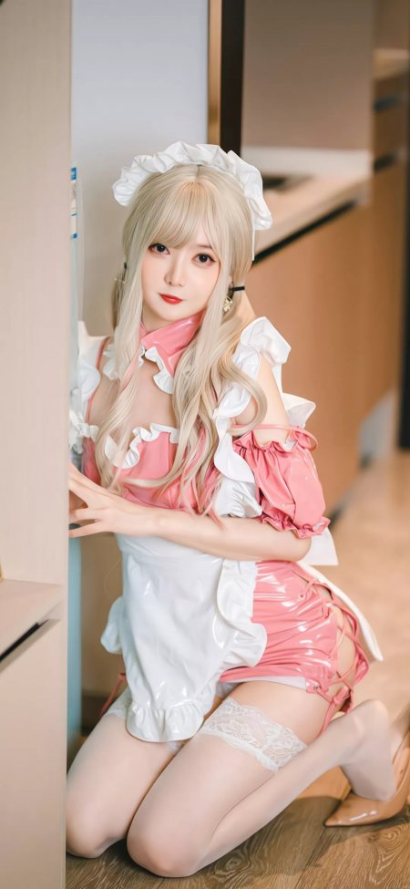 粉色女仆装金发跪姿可爱角色美女人物手机壁纸