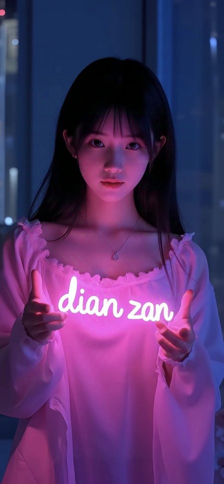 霓虹点赞黑长直露肩少女夜间氛围动漫手机壁纸