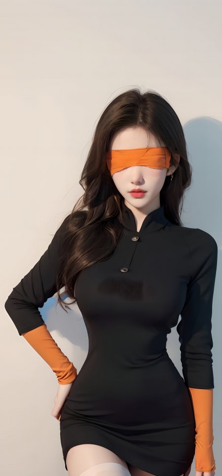 橘色眼罩黑裙侧立气质少女插画动漫手机壁纸