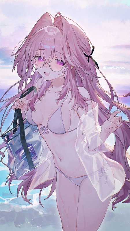 鸣潮爱弥斯少女粉发眼镜海边泳装唯美动漫手机壁纸