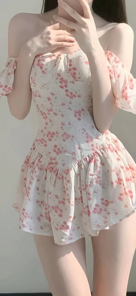 白色碎花一字肩荷叶边短裙甜美美女人物手机壁纸
