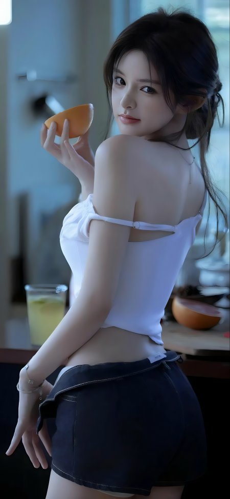 厨房回头持柑橘白抹胸牛仔清新美女人物手机壁纸