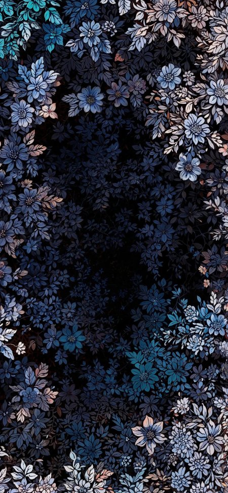 暗色蓝调密集花卉中心留白纹理创意手机壁纸