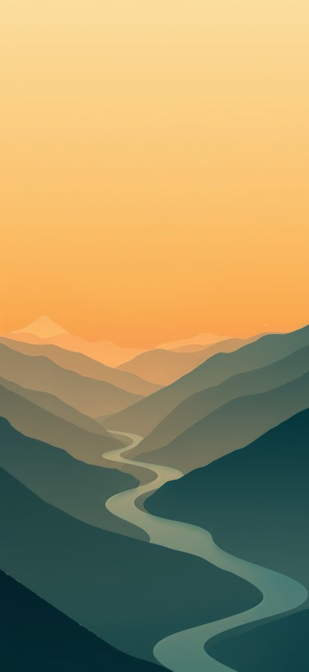 极简层叠青山蜿蜒河流落日插画风景手机壁纸