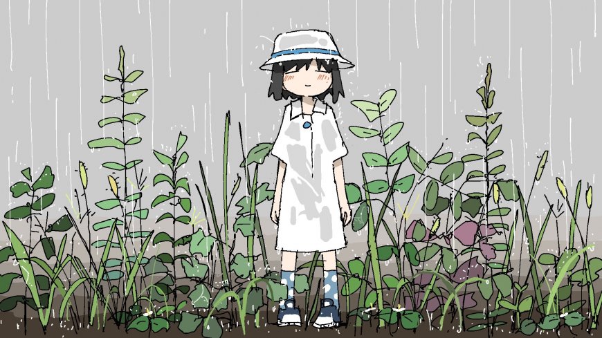 白帽短发少女雨中绿植二次元动漫电脑壁纸