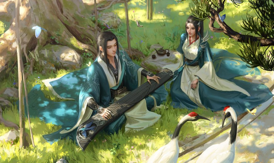 国风古琴茶席仙鹤林间情侣创意电脑壁纸