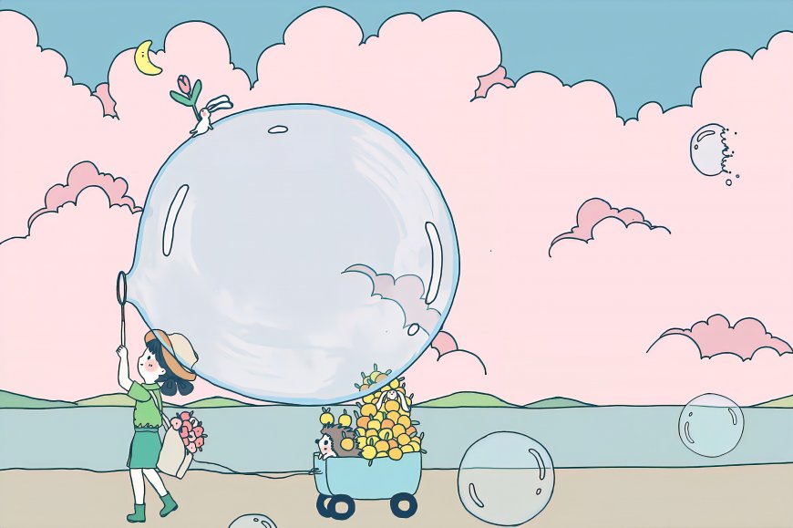 沙滩吹泡少女小车水果治愈插画二次元动漫电脑壁纸