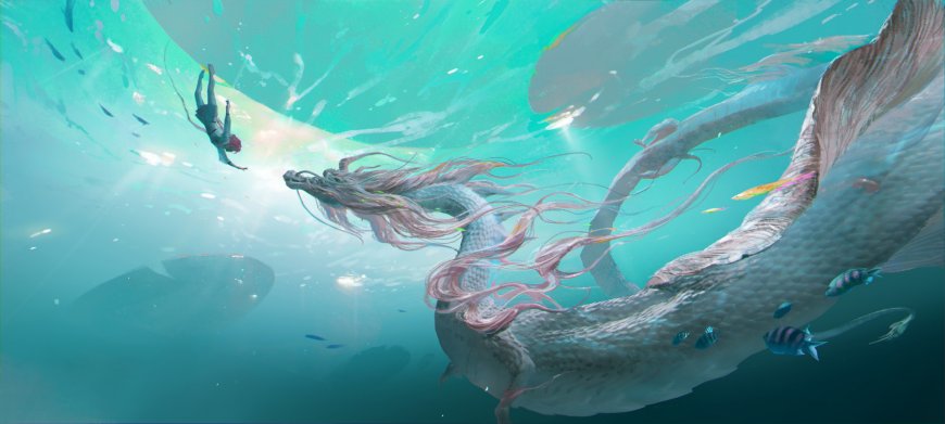 水下中国龙少女光柱奇幻创意电脑壁纸