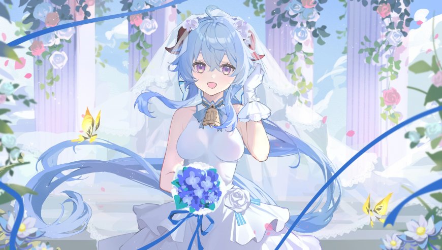 原神甘雨花嫁婚纱捧花唯美游戏电脑壁纸