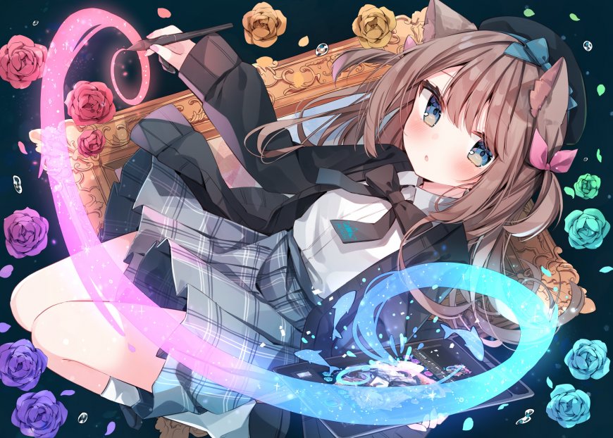 猫耳制服少女金框玫瑰魔法二次元动漫电脑壁纸