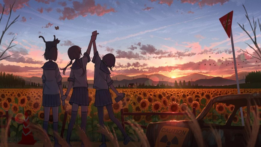 向日葵花田校服少女牵手夕阳二次元风景电脑壁纸