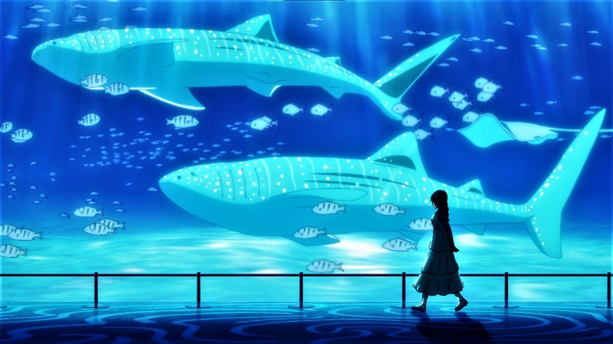 深海水族馆巨大鲸鲨游弋少女剪影蓝色二次元动漫电脑壁纸