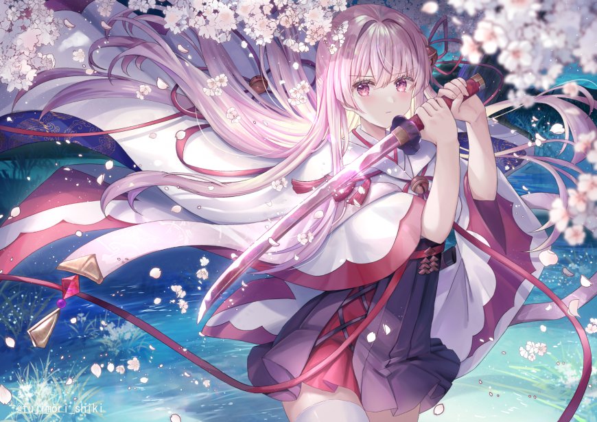粉发持刀少女樱花湖畔夜景二次元动漫电脑壁纸