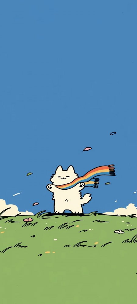 彩虹围巾白狗草地治愈动漫手机壁纸