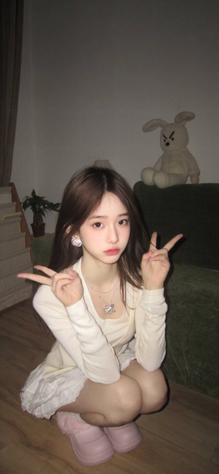 比耶蹲姿爱心项链甜美美女手机壁纸