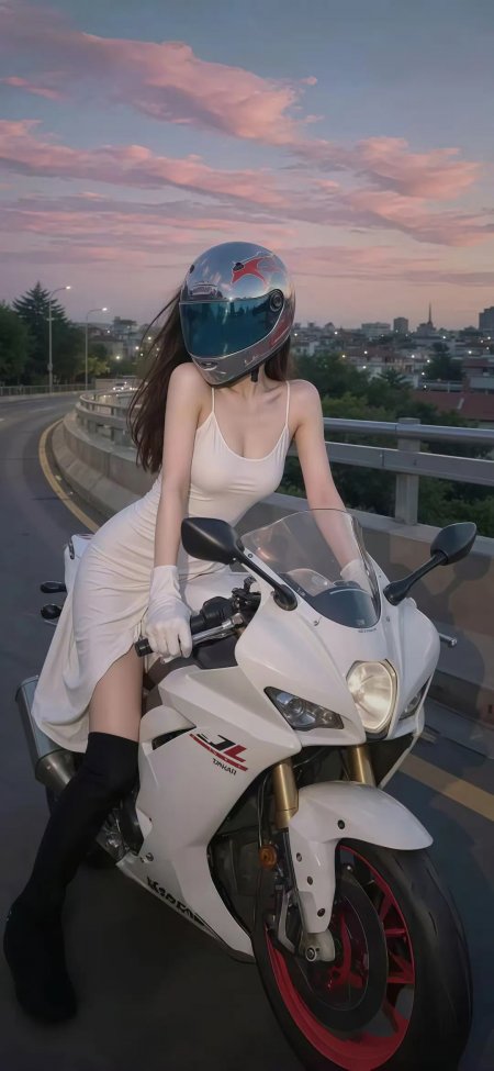 白裙头盔机车女孩暮色美女手机壁纸