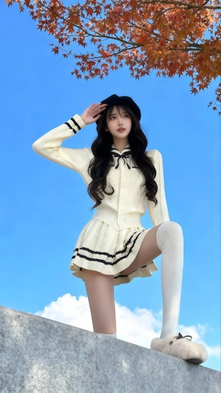 贝雷帽制服红叶蓝空美女手机壁纸