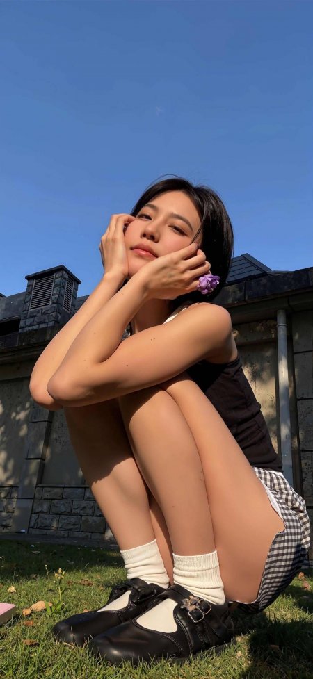 短发黑衣捧花草地清新美女手机壁纸