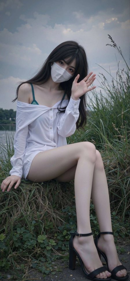 白衬衫口罩湖边挥手美女手机壁纸