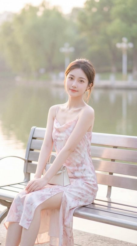 粉色吊带裙湖畔长凳美女手机壁纸