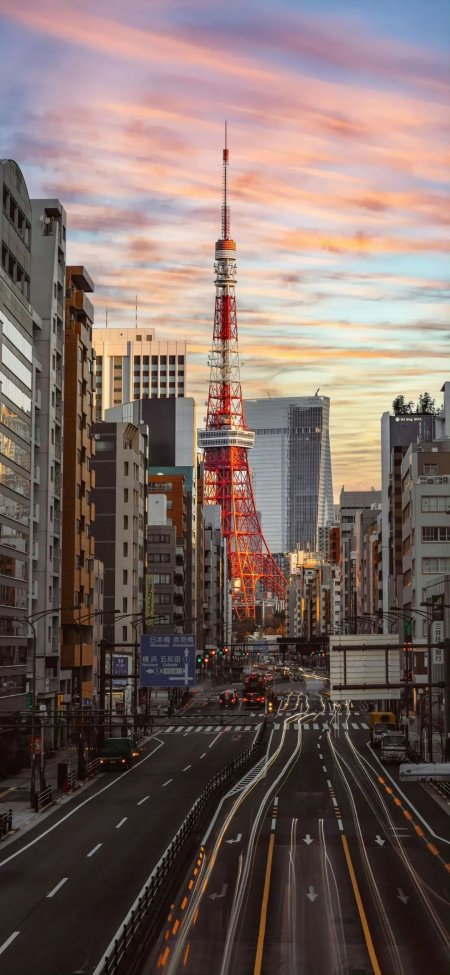 东京塔晚霞街景车流风景手机壁纸