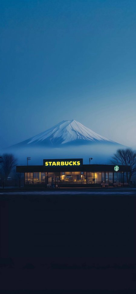 富士山星巴克夜景唯美风景手机壁纸