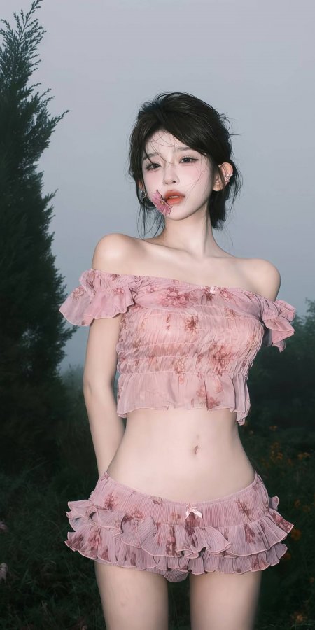 粉色碎花裙雾林叼花美女手机壁纸