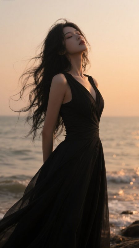海边黑裙长发侧颜唯美美女手机壁纸