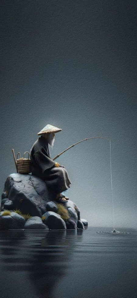 斗笠白须老翁独钓意境人物手机壁纸