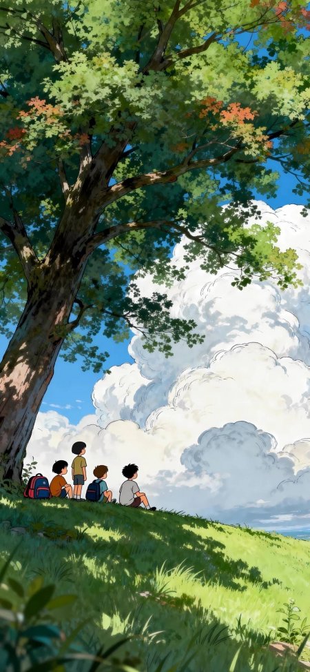 宫崎骏风少年树下仰望夏云动漫手机壁纸