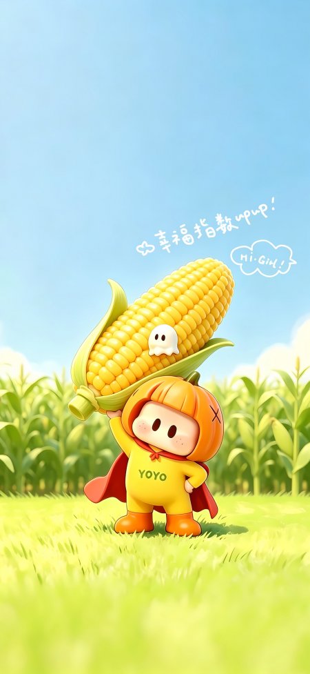 YOYO潮玩举玉米田野治愈卡通玩偶手机壁纸