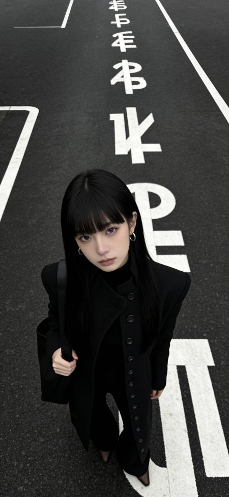 黑衣长发俯拍马路街拍美女手机壁纸