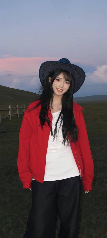 红衣牛仔帽草原晚霞美女手机壁纸