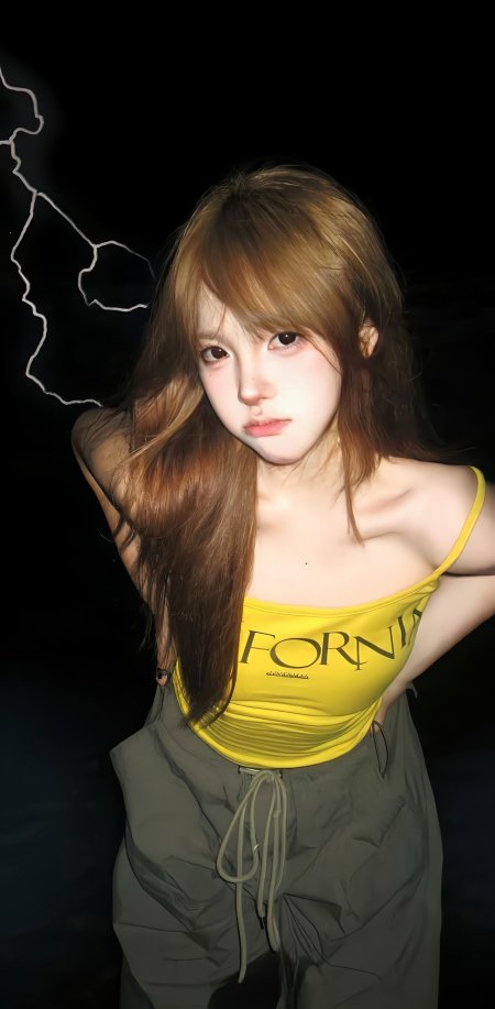 黄吊带夜景近拍萌系美女手机壁纸