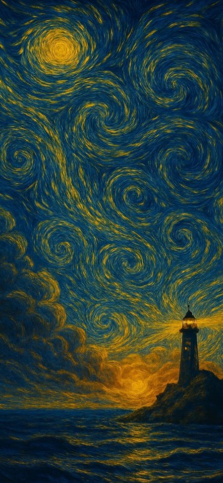 梵高风金蓝星空灯塔创意手机壁纸