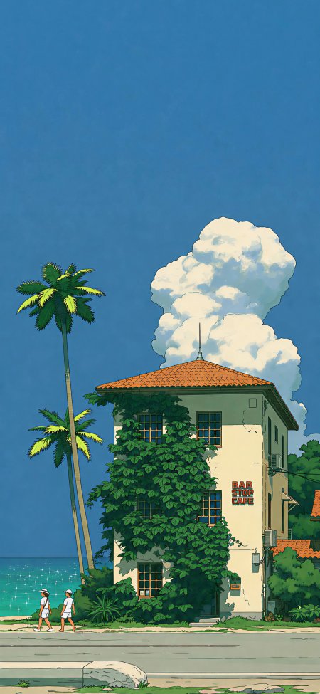 海边咖啡馆棕榈夏日风景手机壁纸