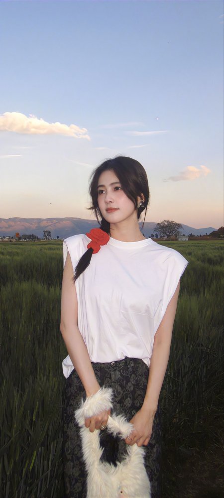 红花发饰田野夕阳清新美女手机壁纸