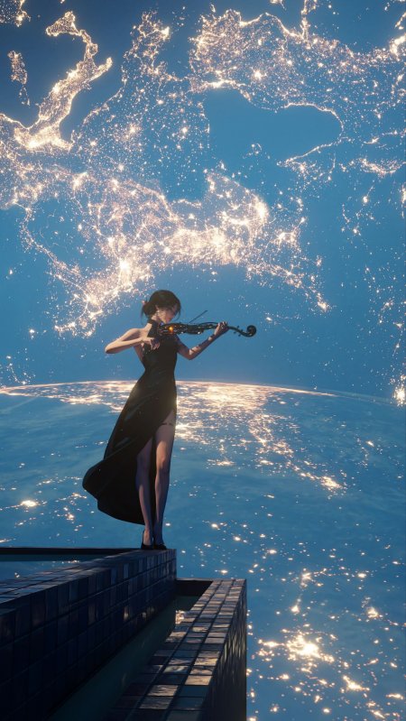黑裙少女拉小提琴星空动漫手机壁纸