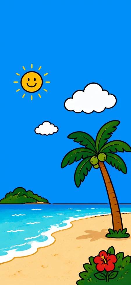 卡通热带海滩椰树太阳动漫手机壁纸