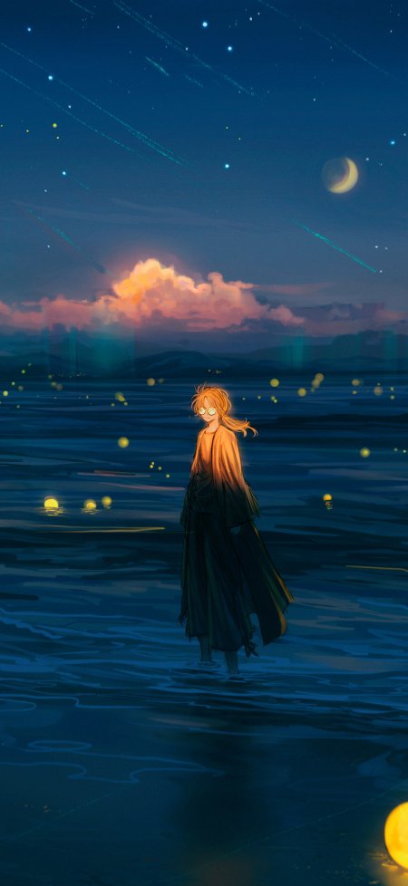 橙发眼镜少女星空海边动漫手机壁纸