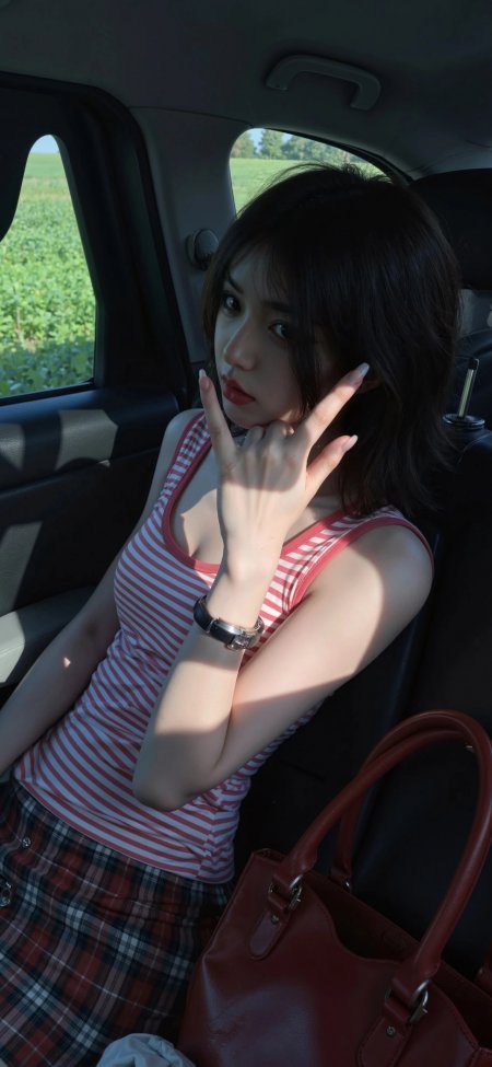 车内红白条纹背心旅途手势美女手机壁纸