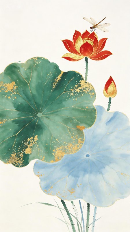 红莲蜻蜓青绿荷叶金箔古风手机壁纸