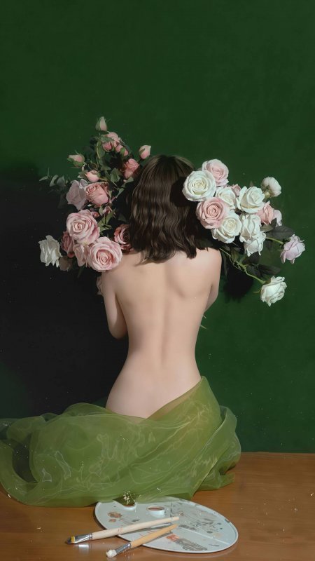 绿背景玫瑰美背艺术美女手机壁纸