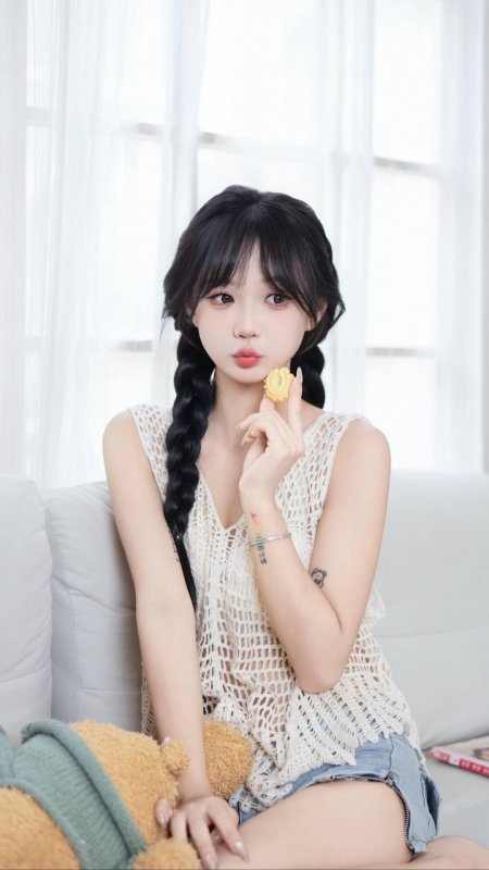 麻花辫捏饼干沙发居家美女手机壁纸