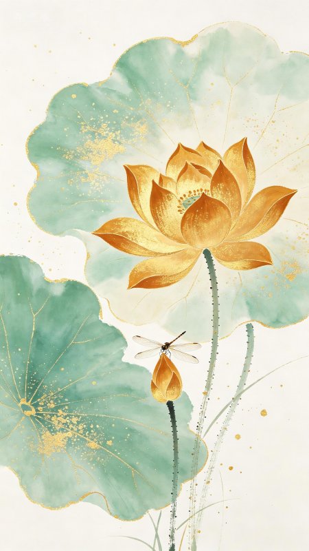 金色荷花蜻蜓青绿叶古风手机壁纸