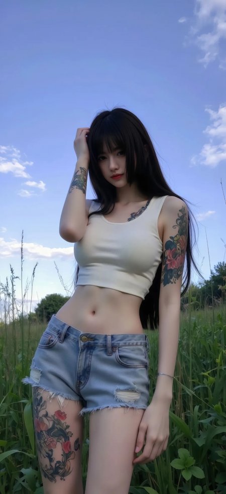 花臂纹身露脐牛仔短裤夏日美女手机壁纸