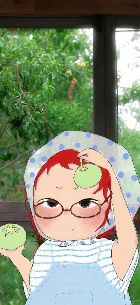 红发眼镜少女捧果田园卡通手机壁纸