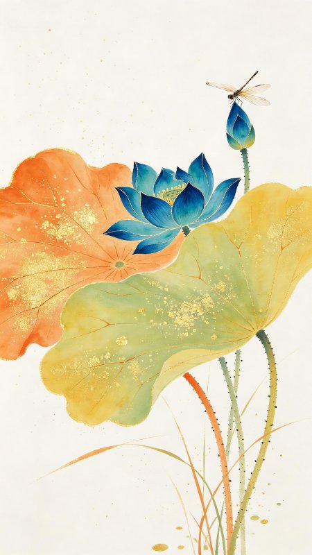 蓝莲花蜻蜓金箔国风古风手机壁纸