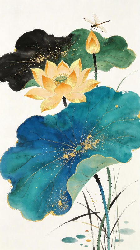 金黄荷花青绿叶蜻蜓古风手机壁纸